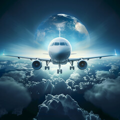 Earth, the front of the passenger plane with clouds around it, a realistic image Everything is 3D...
