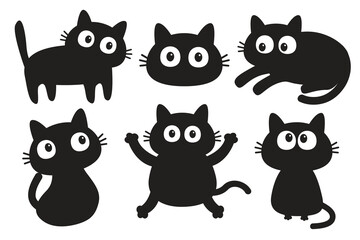 Cat set. Nail claw scratch, sitting, laying, sleeping, looking. Black kitten with big eyes face. Cute cartoon kawaii funny baby pet character. Flat design. Sticker print. White background Vector - obrazy, fototapety, plakaty