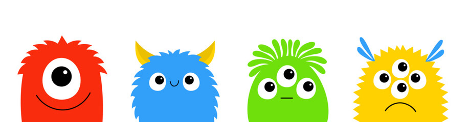 Happy Halloween. Four cute monster set line. Kawaii cartoon funny baby character. Colorful silhouette. Eyes, horn, teeth fang tongue, wings. Sticker print. Flat design. White background. Vector © worldofvector