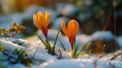 The first crocus flowers emerge from under the snow