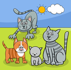 cats animal characters in the meadow cartoon illustration