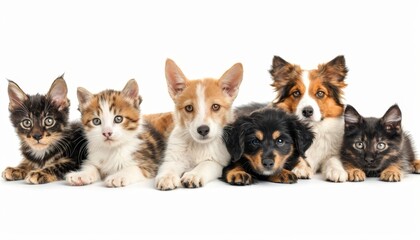 Assorted cats and dogs in studio  high quality image on white background with space for text