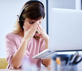 Call center stress, anxiety or woman with headache pain with burnout, depression fatigue in telecom...
