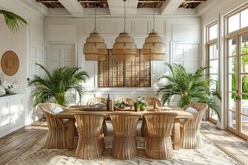 Hyper realistic image of coastal style dining room in a Key West style house, large blank paneled