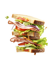 A close up of the sandwich with flying ingredients isollated on transparent background