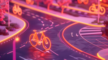 3D render of a bike lane with orange bicycles and route lines on a pink background. vector illustration for cycling apps or bike sharing services