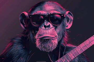 in a black open rectangle, vector image of a cool hairy chimp with top knot hair wearing cool dark pink