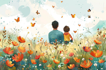 Obraz na płótnie Canvas Happy Father's Day Greeting Card Design with a vintage-style illustration of a father and child having a picnic in a sunny meadow, surrounded by wildflowers and butterflies.