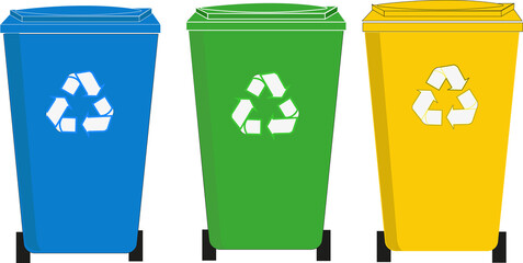 Panneau avec trois containers indiquant le tri sélectif des déchets: plastique, verre, papier	 - 789222108