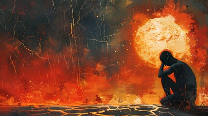 A graphic illustration captures a lone individual in despair against a backdrop of exaggerated sun flares and desiccated earth, surrounded by silhouetted figures.