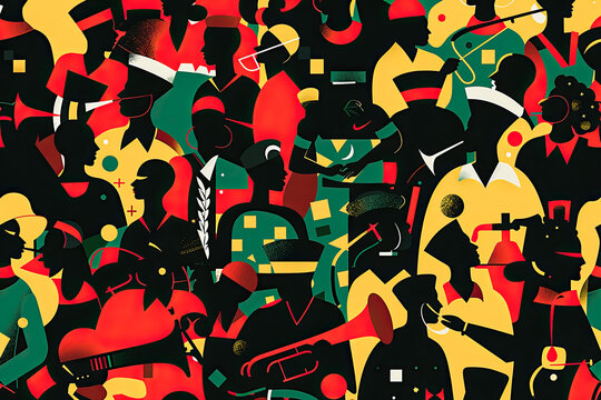 Graphic illustration of a Juneteenth parade featuring stylized figures with musical instruments and flags symbolizing cultural pride and unity