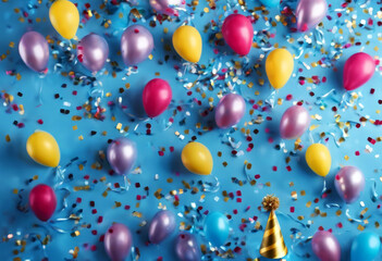 Fototapeta na wymiar border balloons background party confetti hats birthday Blue happy celebration illustration balloon decoration b