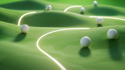 3D render of a golf course with white balls and route lines on a green background. vector illustration for golfing apps or golf course management services