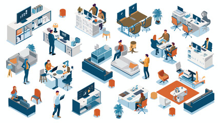 Inside isometric office interiors. People work in bus