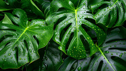 Fototapeta premium Close-up lush green monstera leaves adorned with rain or dew drops in a tropical setting at dawn