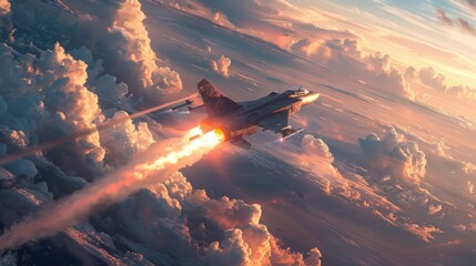 A fighter jet in the sky among the clouds . - obrazy, fototapety, plakaty