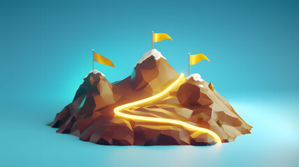 3D render of a mountain trail with yellow flags and route lines on a sky-blue background. vector illustration for trekking apps or mountain rescue services - obrazy, fototapety, plakaty