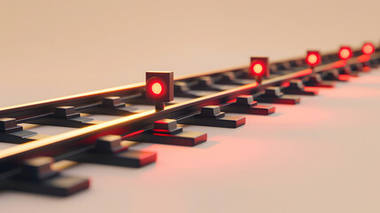 3D render of a railway track with red signals and route lines on a beige background. vector illustration for train scheduling apps or railway services
