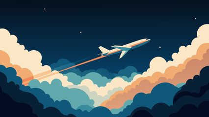 "Generate an evocative AI image depicting a commercial airline flying through a dark sky adorned with white, fluffy clouds. Capture the perspective from below the airplane, emphasizing the vastness of