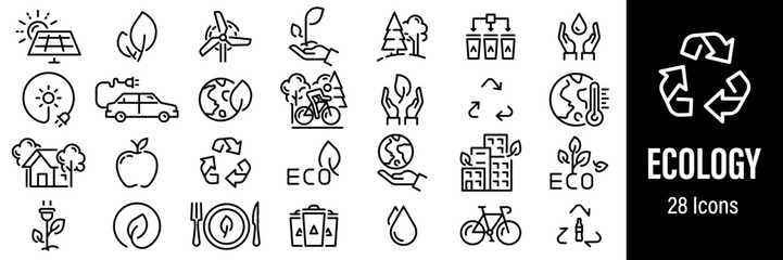 Ecology Web Icons. Nature, Eco Food, Renewable Energy, Solar Panel, Bio. Vector in Line Style Icons