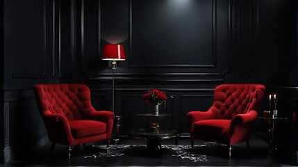  Elegant dark interior with bright red armchairs 