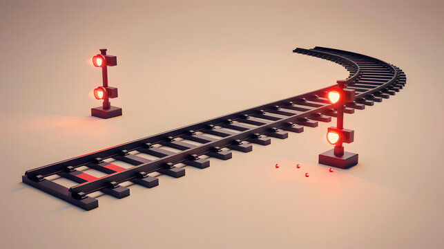 3D render of a railway track with red signals and route lines on a beige background. vector illustration for train scheduling apps or railway services