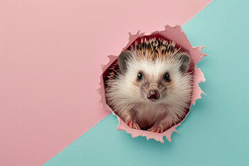A cute baby hedgehog sticking its head out of a hole - obrazy, fototapety, plakaty