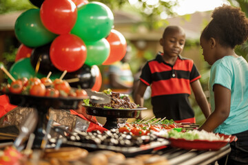 a family gathering outdoors celebrating Juneteenth, with red, green, and black balloons, festive...