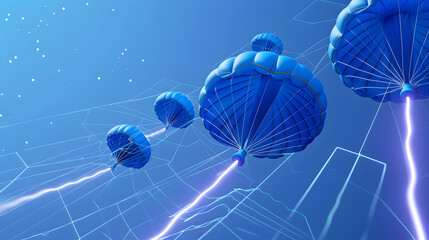 3D render of a skydiving route with blue parachutes and route lines on a sky-blue background. vector illustration for skydiving apps or air sports services