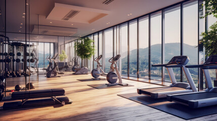 Bright modern gym with sports equipment and exercise equipment with large windows.