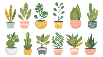 Fototapeta na wymiar Leaf plants growing in pots set. Green houseplants in
