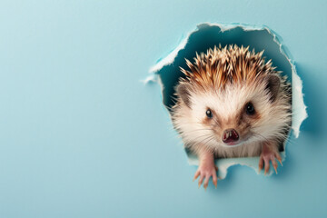 A cute baby hedgehog sticking its head out of a hole