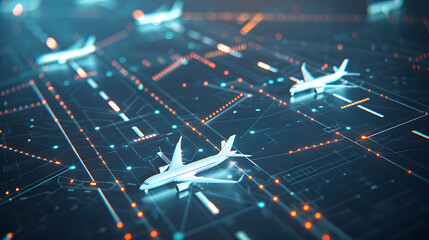 3D render of an airport runway with white planes and route lines on a blue background. vector illustration for flight tracking apps or air traffic control services