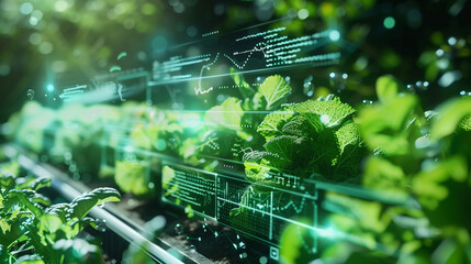 A field of green plants with a digital screen showing graphs and numbers. Concept of modern agriculture and the use of technology to monitor and improve crop growth. The scene is one of progress