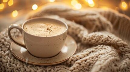 Cozy Winter's Brew: Warm Coffee Amidst Twinkling Holiday Lights