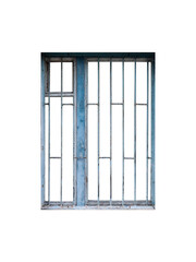 Old abandoned creepy blue wooden window frame with metal grate on white background.