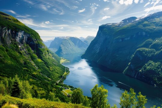 Experience the Beauty of Geirangerfjord in Summer: A Majestic Landscape of Region Amidst Scandinavia's Mountains and Waterways