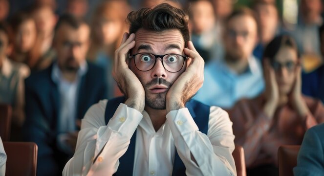 Fear of Public Speaking: Stressed and Sweaty Inexperienced Speaker Reading Badly Written Speech to the Anxious Audience at Business Conference