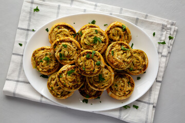 Homemade Chicken Pesto Pinwheels on a Plate, top view. Flat lay, overhead, from above. - 789225707