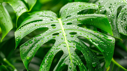 Close-up lush green monstera leaves adorned with rain or dew drops in a tropical setting at dawn
