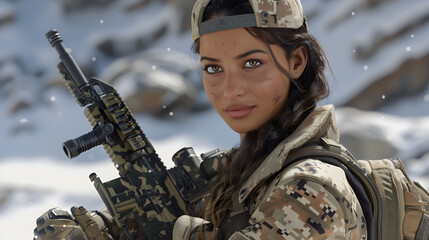 Focused female soldier in camouflage aiming with a rifle, portrayal of concentration, strength, and determination, emphasizing professionalism in military operations.