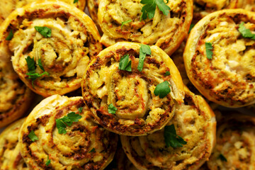 Homemade Chicken Pesto Pinwheels on a Plate, top view. Flat lay, overhead, from above. - 789225799
