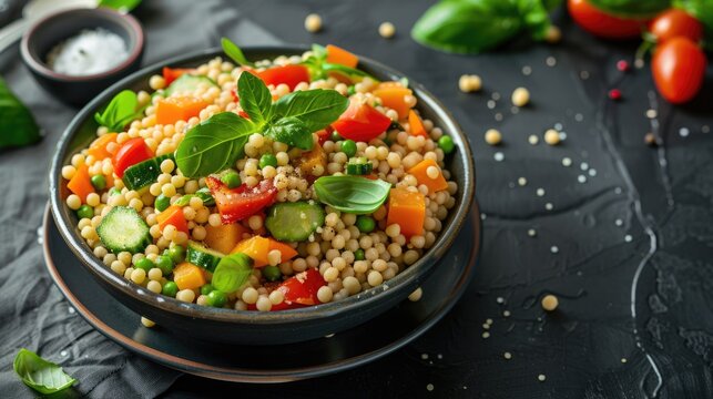 Fresh and Healthy Vegan Couscous Salad on Black Background. Closeup of Summer Vegetable Salad, Perfect for Vegetarians