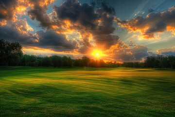 Golf Course Sunset Landscape with Dramatic Sky and Lush Green Grass. A Perfect Summer Evening on the Field
