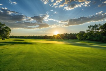 Golf Course Sunset Over Beautifully Landscaped Greenery, with a Spectacular Sky in the Background