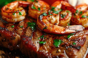 Gourmet Homemade Steak and Shrimp. Delicious Dinner with Juicy Beef Fillet and Garlic Butter Shrimp. Perfectly Cooked Bar-b-q Food