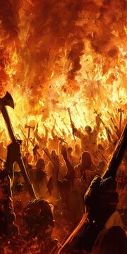 Furious Crowd with Pitchforks, Machetes, Axes, and Flaming Torches - Angry Mob Concept