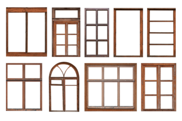 Old brown window frames, different shapes isolated on white background.