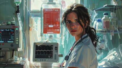 Nurse with a defibrillator , hyper realistic - obrazy, fototapety, plakaty