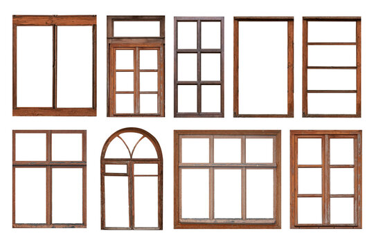 Old brown window frames, different shapes isolated on white background.